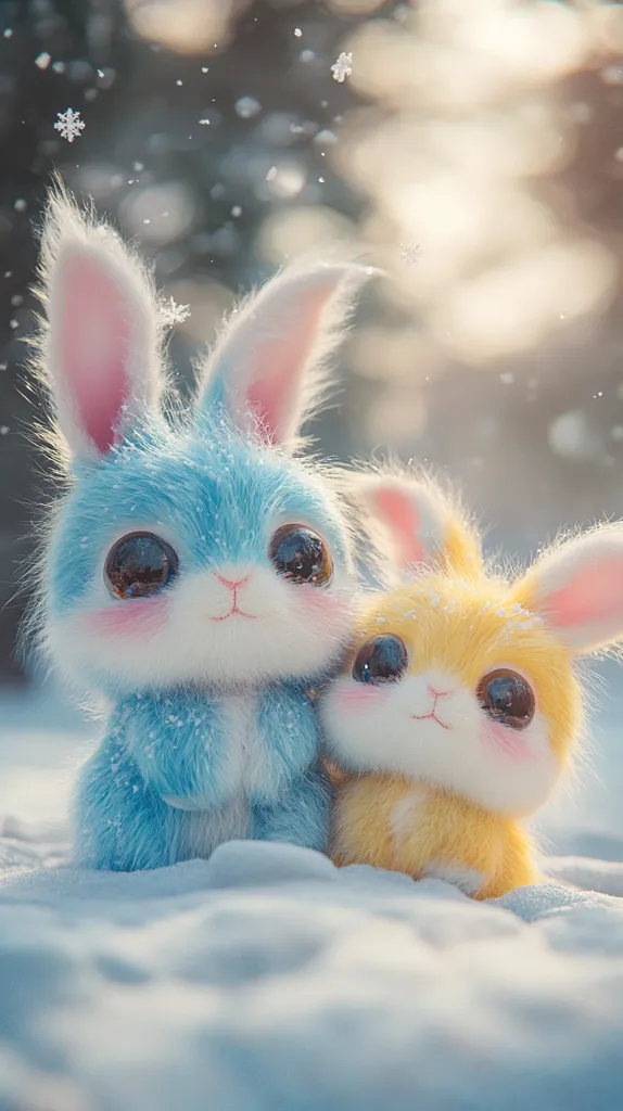 Two adorable, fluffy bunnies, one light blue and one yellow, cuddle together in a snowy landscape.  Snowflakes gently fall around them, creating a charming winter scene.  Their large, expressive eyes and soft fur add to their endearing appeal.  The image evokes feelings of warmth and coziness.