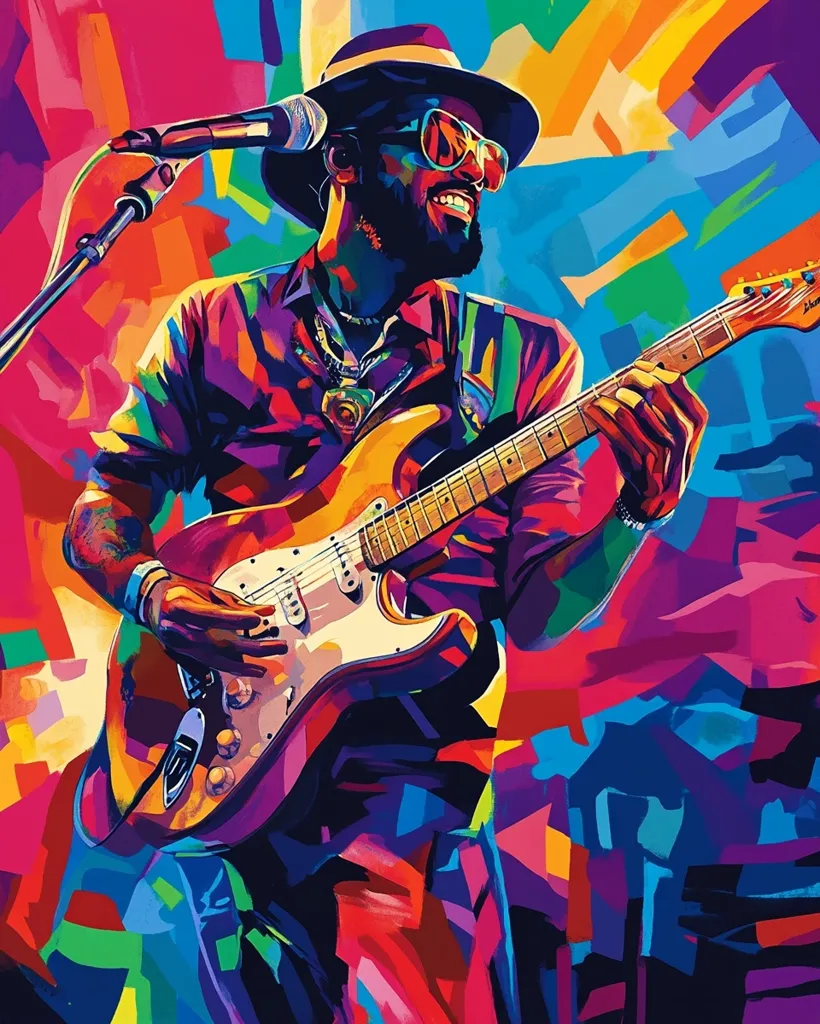 A vibrant, stylized portrait of a male musician playing an electric guitar.  The artwork is rendered in bold, multicolored blocks of paint, creating a dynamic and energetic feel.  He wears sunglasses and a hat, his expression joyful.  A microphone stands nearby, suggesting a live performance. The overall style is expressive and abstract, emphasizing movement and emotion.