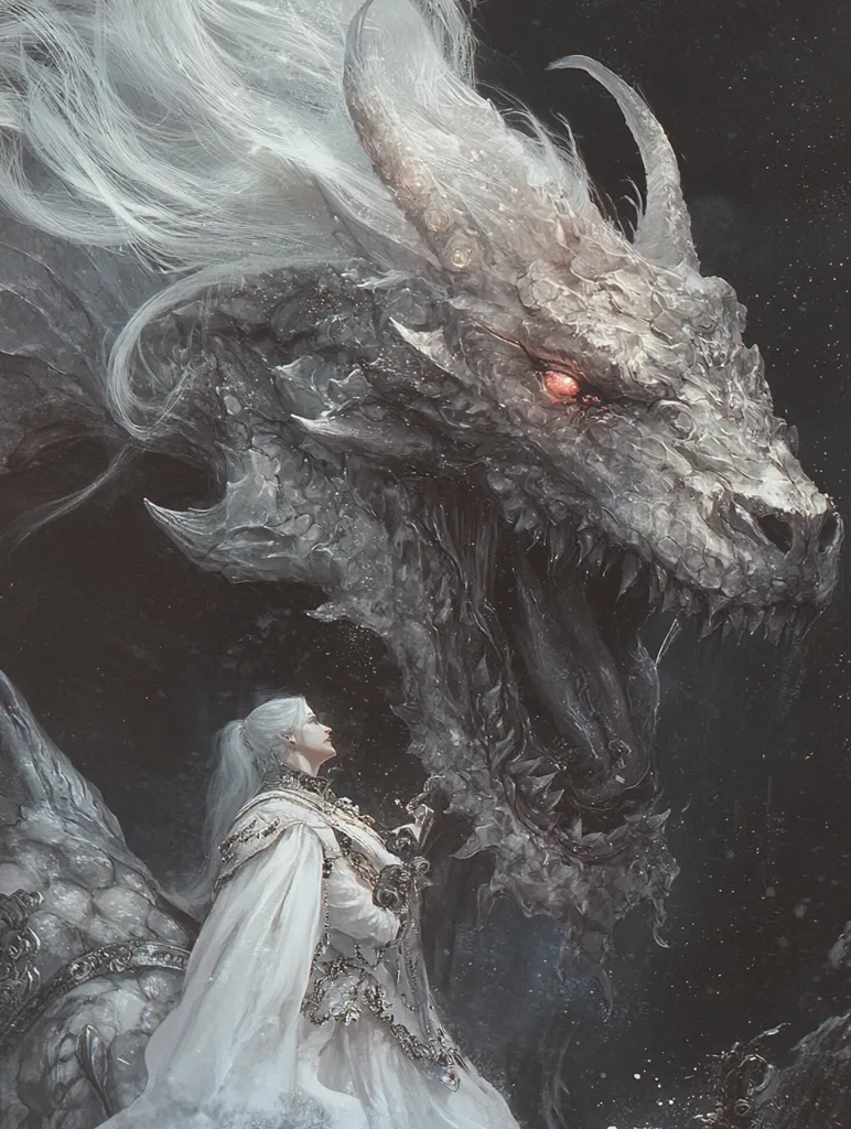 A breathtaking digital painting depicts a majestic, silver dragon with flowing white mane and piercing red eyes.  Beside it stands a figure, clad in flowing white robes adorned with silver detailing, gazing up at the dragon with a serene expression.  The dark background accentuates the ethereal quality of the scene, suggesting a powerful bond between the mythical creatures. The artwork is detailed and evocative, creating a fantasy atmosphere.