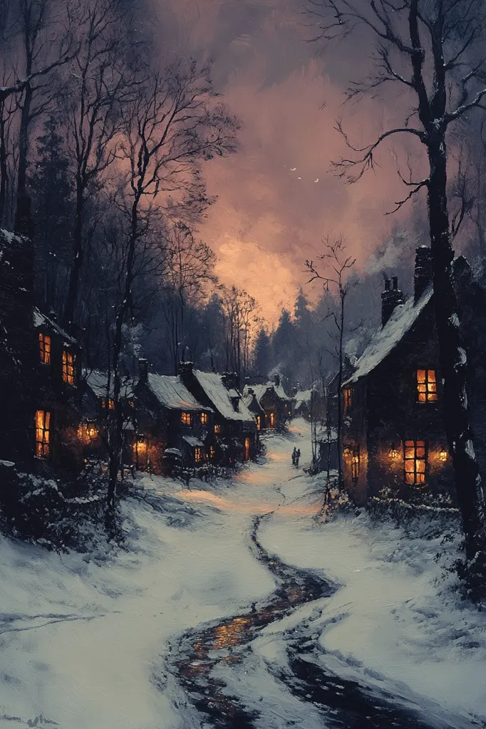 A picturesque winter village scene unfolds under a soft, orange-hued twilight sky.  Snow-covered cottages with warm, glowing windows line a narrow path, beside which a small stream meanders. Bare, dark trees frame the village, adding to the peaceful, slightly melancholic atmosphere. Two figures are barely visible in the distance, adding a sense of quiet solitude to the enchanting scene.