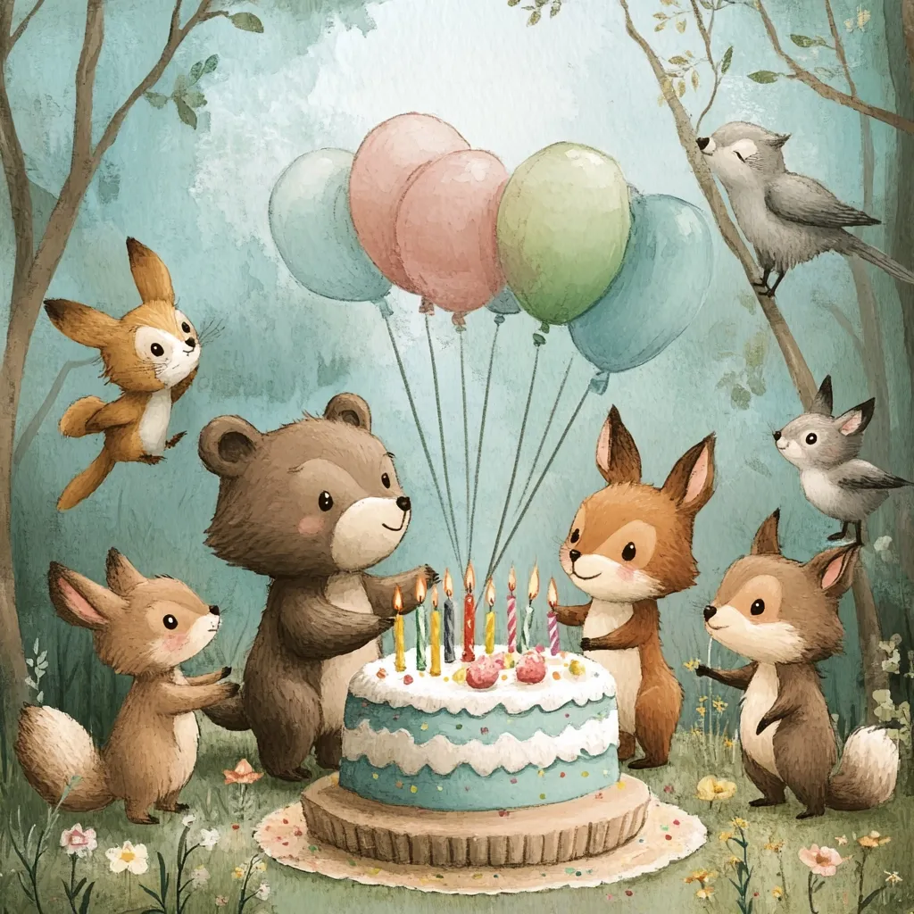 Adorable woodland creatures celebrate a birthday in a whimsical forest setting. A bear, foxes, and a squirrel gather around a light blue birthday cake adorned with lit candles.  Pastel-colored balloons float overhead, adding to the festive atmosphere. Birds perch on branches in the background, completing the charming scene. The illustration exudes warmth and joy.