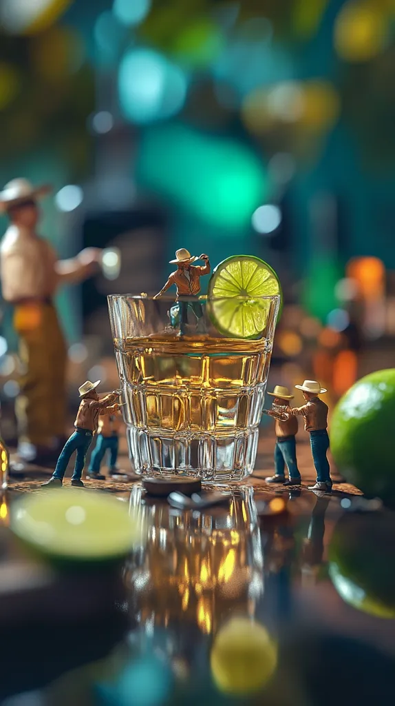 Miniature figures, dressed as cowboys, work around a rocks glass filled with golden liquid and garnished with a lime wedge. The scene is set in a dimly lit bar, with blurry background suggesting a lively atmosphere.  The image uses a creative, whimsical approach to depict the preparation of a cocktail. The focus is sharp on the figures and the drink, while the background remains out of focus.