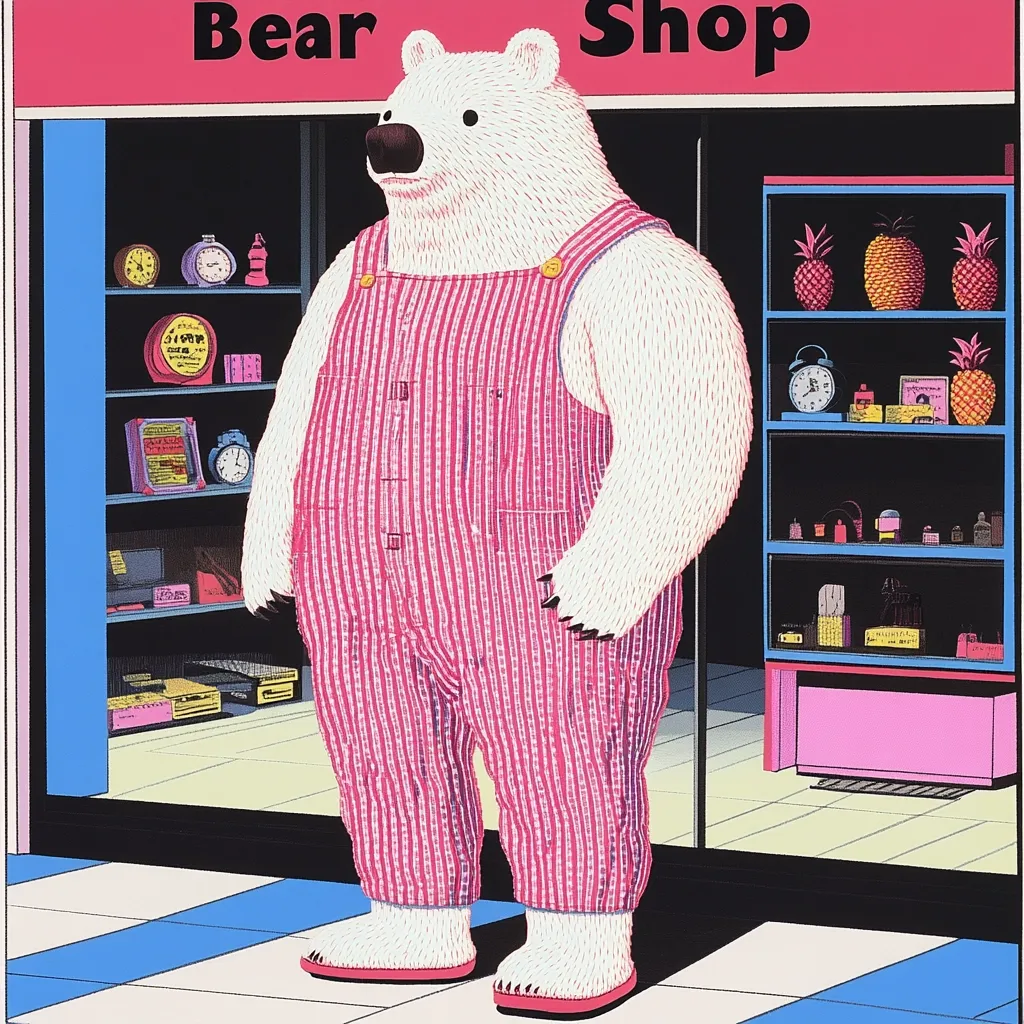 A polar bear, wearing pink striped overalls, stands in front of a shop called "Bear Shop."  The shop's shelves are filled with various items including clocks, perfumes, and pineapples.  The illustration is in a bold, graphic style with bright, contrasting colors and clean lines. The scene is whimsical and slightly surreal.