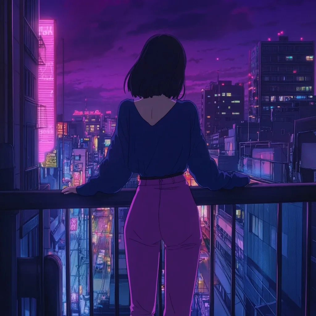 A young woman with short dark hair, wearing a blue sweater and purple pants, stands on a balcony overlooking a vibrant, neon-lit cityscape at night.  The city stretches out before her, a mix of tall buildings and bustling streets, bathed in shades of purple and pink.  The scene evokes a feeling of solitude and urban beauty. The overall style is reminiscent of anime or digital art.