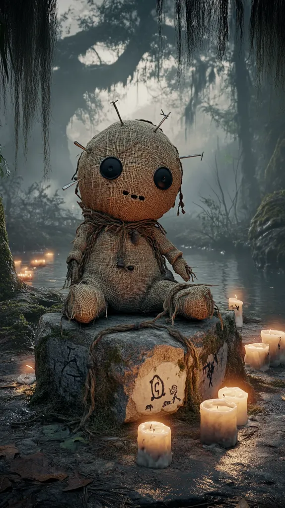 A haunting image depicts a ragged, burlap voodoo doll adorned with pins, seated on a moss-covered stone etched with arcane symbols.  Surrounding the doll are several flickering candles, casting an eerie glow in a dark, swampy environment.  Overhanging trees and a still, dark water body add to the mystical and slightly unsettling atmosphere. The scene evokes a sense of mystery and ancient ritual.