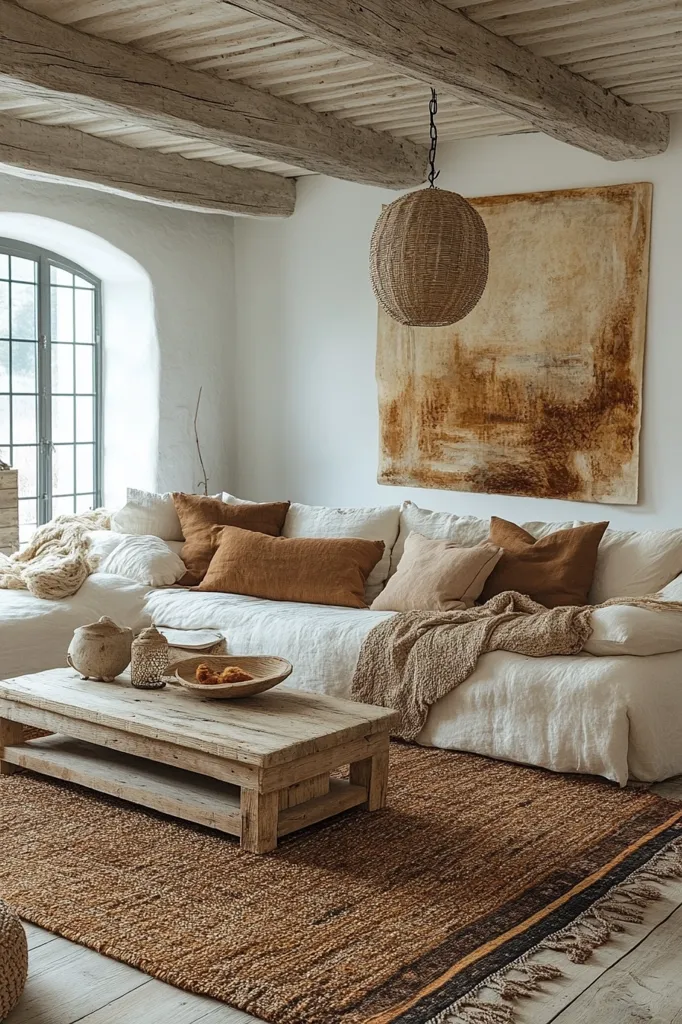 A cozy living room features a large linen sectional sofa adorned with earthy-toned throw pillows and blankets.  A rustic wooden coffee table sits on a jute rug, adding to the room's warm, natural aesthetic.  A large abstract painting and a woven pendant light complement the relaxed, bohemian style, while exposed wooden beams in the ceiling add character.  The overall ambiance is calm and inviting.