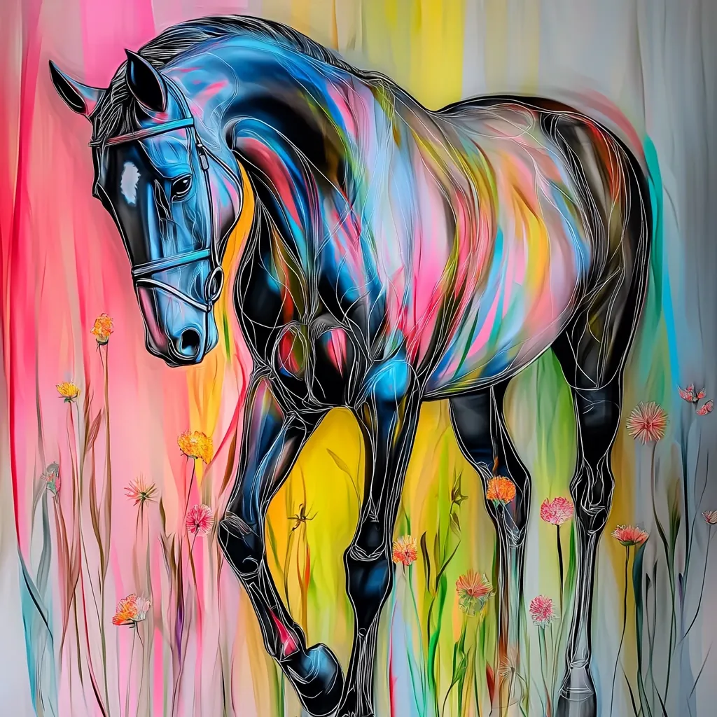 A vibrant abstract painting depicts a black horse amidst a field of colorful flowers.  The horse's form is outlined in black lines, contrasting with the swirling hues of pink, blue, yellow, and green that define its body and the background.  The overall style is expressive and energetic, showcasing a blend of realism and abstract expressionism.  The flowers add a touch of delicate beauty to the powerful presence of the horse.