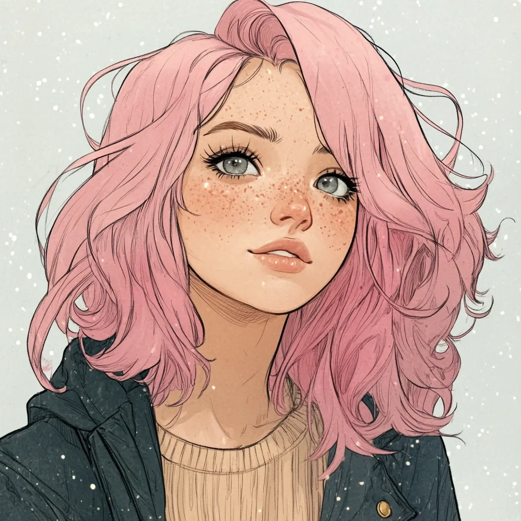 A stylized illustration of a young woman with light pink, shoulder-length wavy hair.  She has fair skin adorned with freckles, and her eyes are a soft gray-blue. She's wearing a beige sweater under a dark jacket, and a subtle snowfall is depicted in the background. The art style is delicate and reminiscent of a comic book or graphic novel.