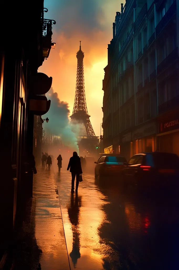 Silhouetted figures walk down a rain-slicked Parisian street at sunset.  The Eiffel Tower looms in the distance, partially obscured by a hazy fog.  Reflective puddles mirror the warm orange glow of the sky and the city lights.  Cars are parked along the curb, adding to the atmospheric scene. The overall mood is serene and slightly melancholic, capturing the essence of a Parisian twilight.