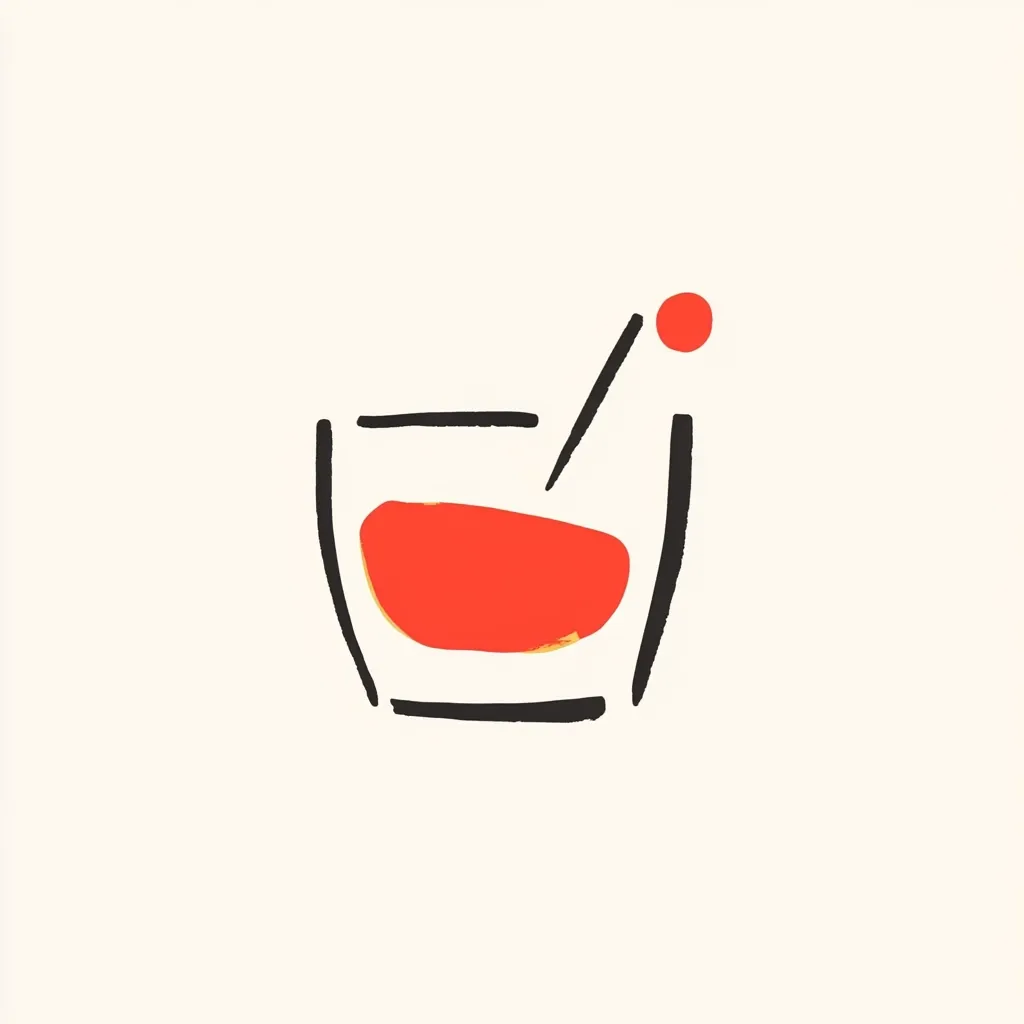 A minimalist illustration depicts a cocktail glass.  Black lines suggest the glass's shape, containing a vibrant red liquid. A small red circle and a thin black line represent a stirrer. The style is abstract and modern, using bold color and simple lines.  The overall impression is one of simple elegance and sophistication.