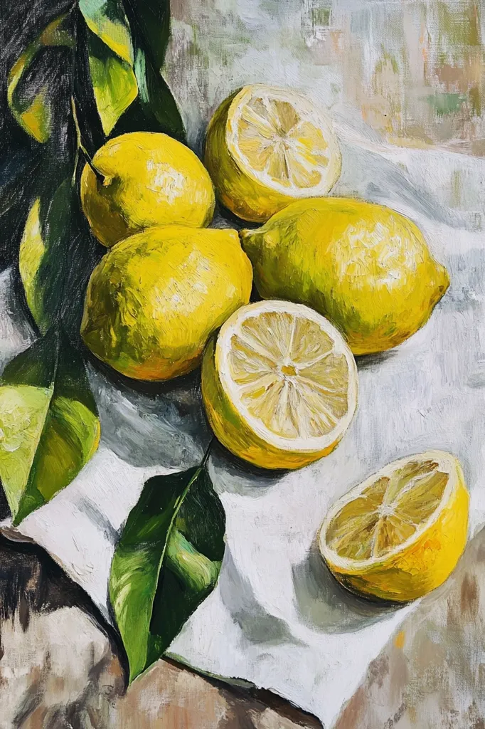 A vibrant still life painting showcases a cluster of lemons resting on a white cloth.  Several lemons are whole, while others are halved, revealing their juicy interiors. Lush green leaves from the lemon tree are artfully arranged alongside the fruit, adding to the painting's realistic and fresh quality. The style is impasto, with visible brushstrokes adding texture.