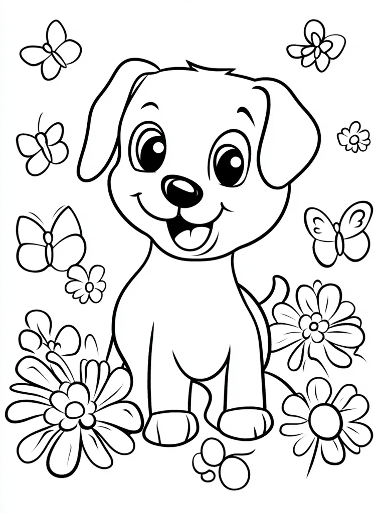A cute cartoon puppy sits amidst a garden of flowers and butterflies.  The puppy has large, expressive eyes and a cheerful expression.  Simple line drawings depict the scene, suitable for coloring.  The flowers are stylized daisies, and the butterflies have delicate wings. The overall style is childlike and charming.