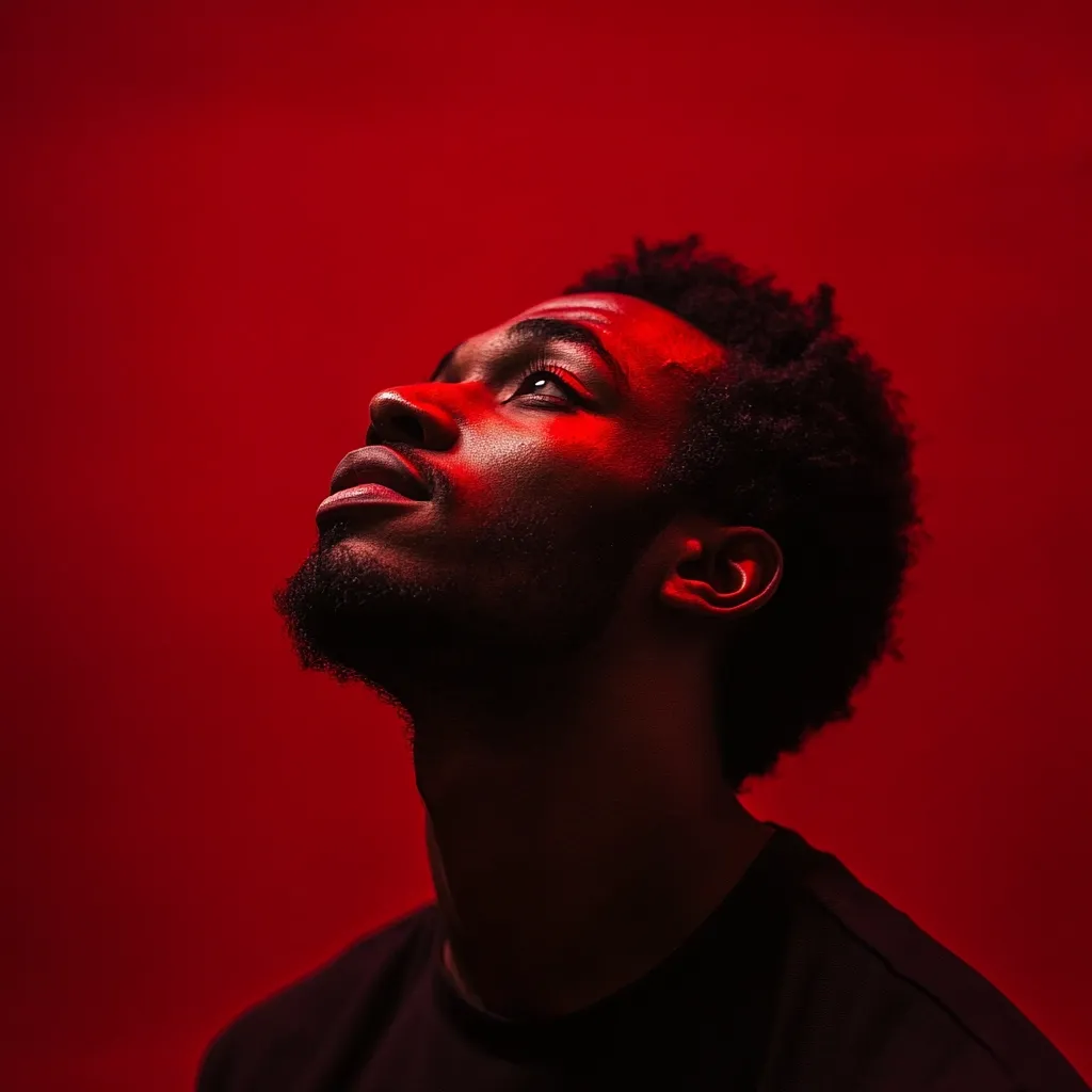 Close-up portrait of a young Black man with short, dark hair against a vibrant red background. His head is tilted back, gaze directed upwards, and his face is dramatically lit, casting shadows and highlighting his facial features.  He wears a simple dark shirt. The red light creates a strong, evocative mood.