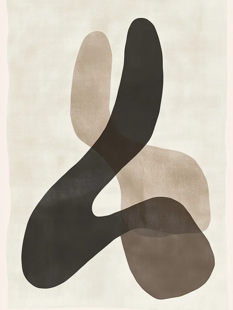 An abstract artwork featuring organic, flowing shapes in shades of beige, brown, and black. The forms intertwine and overlap, creating a sense of movement and fluidity against a light beige background. The style is minimalist and evokes a feeling of calm and serenity. The piece's color palette is muted and earthy, contributing to its tranquil aesthetic.