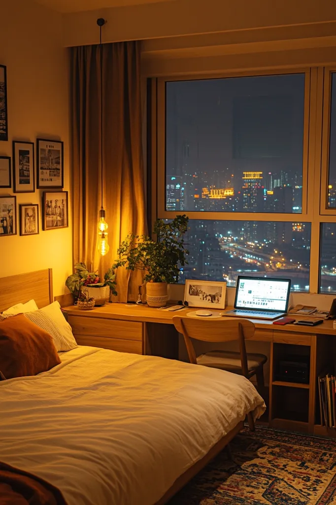 A cozy bedroom at night, illuminated by warm lighting. A bed with a cream-colored duvet takes center stage, complemented by wooden furniture. A desk near a large window showcases a laptop and city lights twinkling in the distance.  The room is decorated with framed pictures and plants, creating a calm and inviting atmosphere.