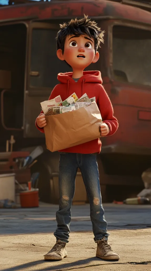 A young boy, rendered in a Pixar-like animation style, stands outdoors with a brown paper bag filled with various items, possibly groceries or collected goods.  He wears a red hoodie, distressed jeans, and high-top sneakers. His expression is one of concern or contemplation as he looks upward. The backdrop features a rusty, red vehicle suggesting a setting of possible poverty or hardship.