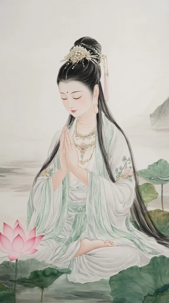 A serene painting depicts a woman in flowing, light green robes, seated in a meditative pose amidst lotus leaves.  Her hands are clasped in prayer, and she wears elaborate jewelry and a traditional hairstyle.  A delicate pink lotus blossom sits before her. The style suggests East Asian art, possibly Chinese, with a soft, ethereal quality. The overall mood is one of peace and contemplation.