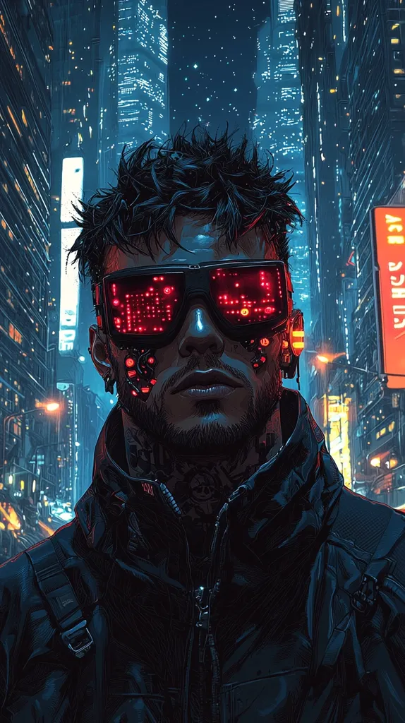 A cyberpunk-style illustration depicts a man with dark hair and a beard, wearing futuristic glasses with glowing red LED displays.  He's dressed in a dark, high-collared jacket, and his face features subtle cybernetic enhancements. The background is a vibrant, neon-lit cityscape at night, creating a striking contrast with the figure.  The overall mood is dark, futuristic, and slightly gritty.