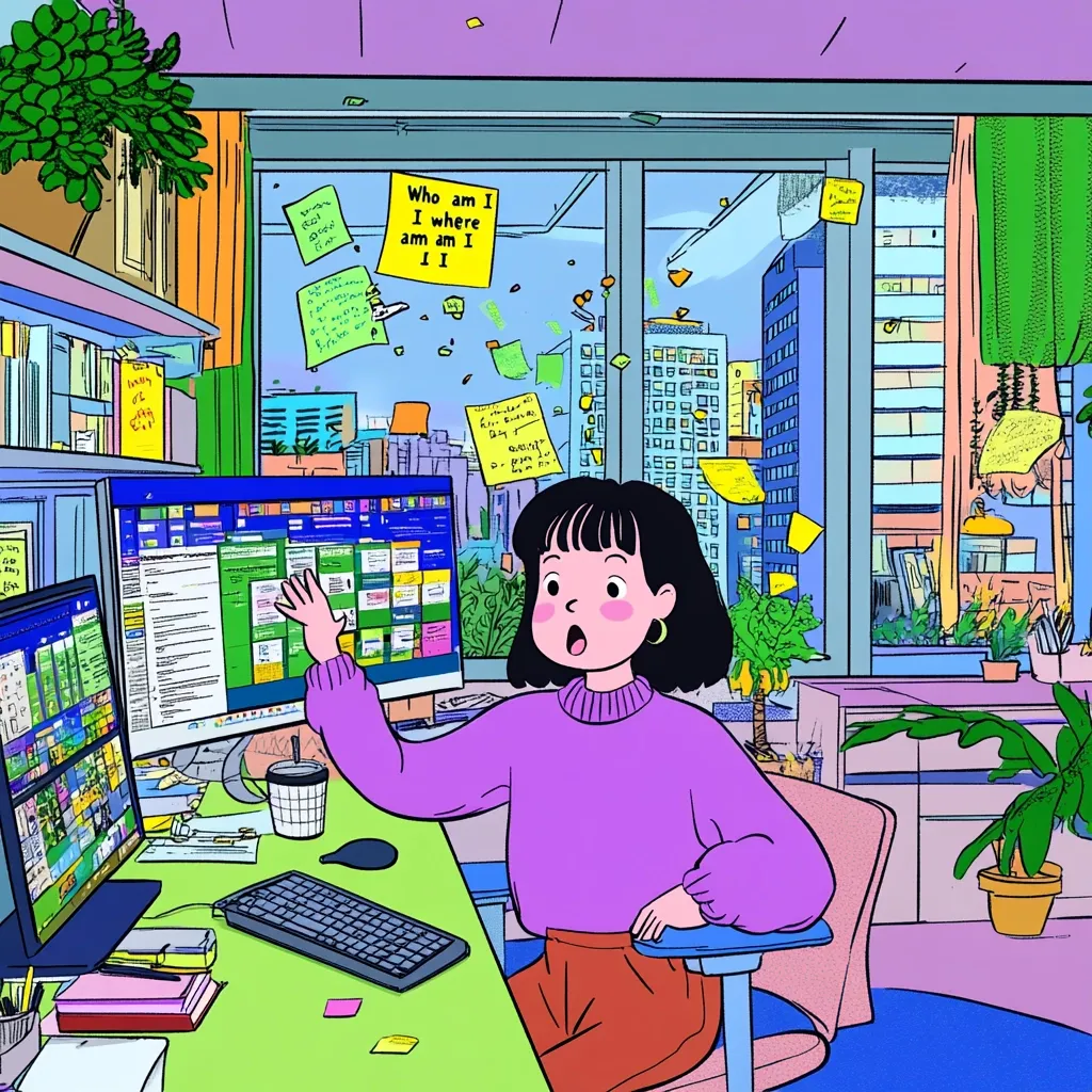 A young woman sits at her desk, surrounded by numerous sticky notes and plants.  Two computer monitors display a cluttered workspace. The room is brightly colored and features a large window with a city view.  A note on the wall reads, "Who am I? I where am I?" suggesting a feeling of overwhelm or self-reflection. The overall style is vibrant and cartoonish, capturing a busy, possibly creative workspace.