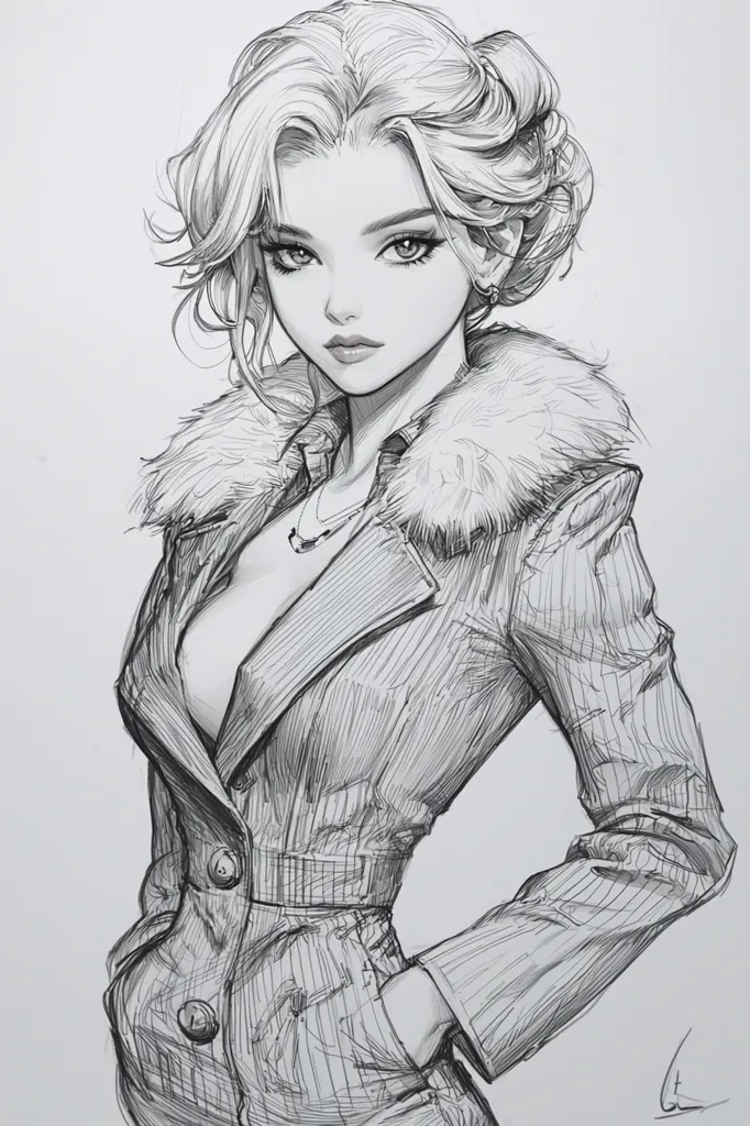 A meticulously detailed pencil sketch portrays a woman with elegantly styled blonde hair, her gaze directed towards the viewer. She's dressed in a pinstripe blazer featuring a fur-trimmed collar, adding a touch of sophistication. The artist masterfully renders the texture of the fabric and fur, along with the subtle details of her facial features and jewelry.  Her pose is confident and slightly suggestive. The overall style is realistic with anime influences.