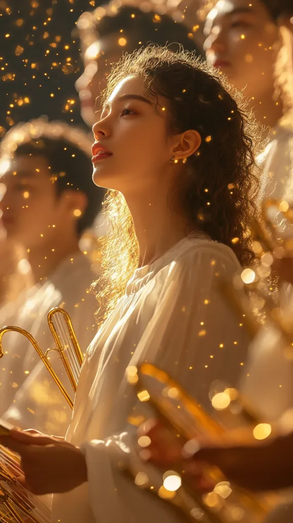 A young woman with curly brown hair is the focus of the image, bathed in a warm, golden light.  She's wearing a flowing white garment and appears to be part of a choir or orchestra, with blurry figures and brass instruments visible around her.  Golden sparkles drift through the air, creating a magical, ethereal atmosphere.  Her expression is serene and slightly wistful, gazing upward.