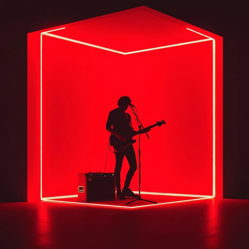 A silhouetted musician stands in a red neon-lit cube, playing an electric bass guitar and singing into a microphone.  The stark contrast of the dark figure against the vibrant red background creates a dramatic and minimalist image. The musician's amplifier sits at the base of the microphone stand, completing the scene.