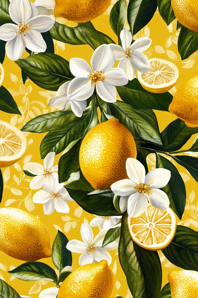 A vibrant illustration showcases a seamless pattern of ripe lemons and blossoming white flowers.  The lemons, depicted in rich yellow hues, are interspersed with lush green leaves and delicate white blossoms, creating a cheerful and summery aesthetic against a golden yellow background. The detailed rendering emphasizes the textures of both the fruit and flowers, creating a visually appealing and realistic botanical print.
