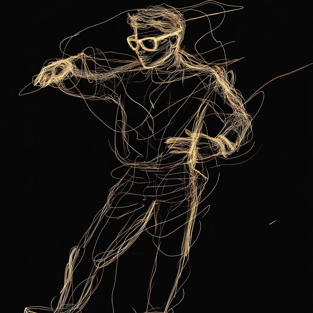 A dynamic light painting depicts a person in sunglasses, seemingly mid-movement.  The figure is rendered in glowing, swirling lines of light against a stark black background, creating an abstract yet recognizable human form.  The artist uses light trails to suggest motion and energy, capturing a fleeting moment in a visually arresting way.  The overall effect is one of dynamism and artistic expression.