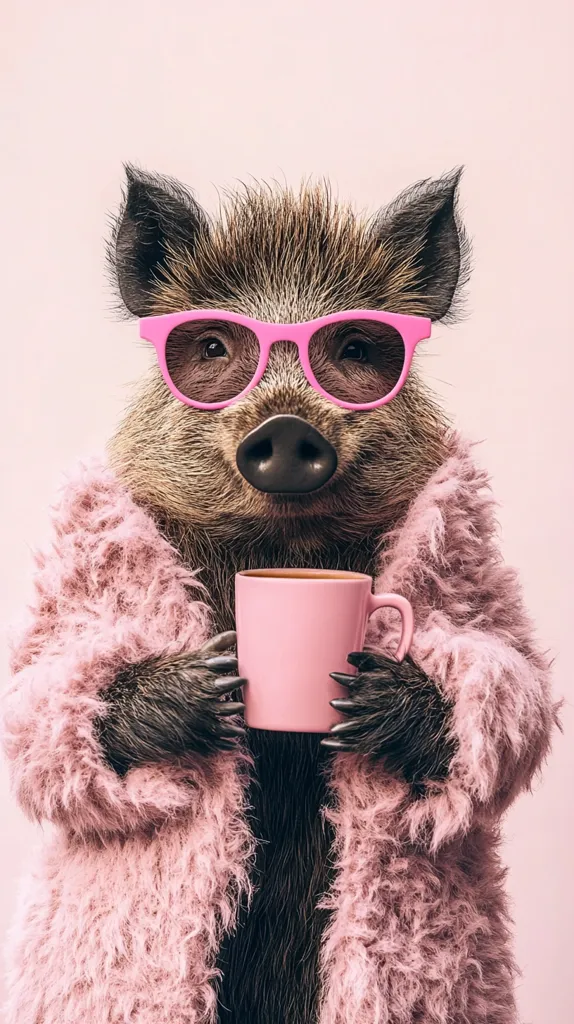 A wild boar, sporting pink sunglasses and a fluffy pink coat, holds a pink mug of coffee.  The boar's expression is serious and the overall image is a humorous juxtaposition of wild animal and fashionable attire.  The background is a pale pink, enhancing the vibrant colors of the boar's outfit.