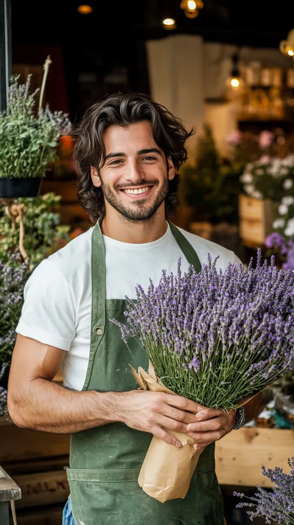 A smiling young man with dark, wavy hair holds a large bouquet of lavender. He wears a white t-shirt and a green apron, suggesting he works at a flower shop.  The shop's warm, inviting atmosphere is visible in the background, filled with various plants and flowers.  His confident pose and the vibrant lavender create a cheerful and welcoming image.