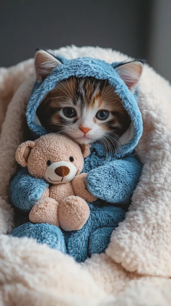 A cute calico kitten snuggles inside a fluffy blue hooded onesie.  Nestled in a soft, cream-colored blanket, the kitten clutches a small teddy bear.  Its large, expressive eyes and peaceful demeanor create a heartwarming image of comfort and warmth. The overall scene is incredibly soft and inviting.