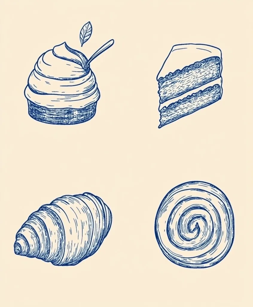 A collection of four hand-drawn bakery items in blue ink on a beige background.  The illustrations include a swirled cupcake with a leaf garnish, a slice of layered cake, a croissant, and a spiral-shaped pastry.  The style is reminiscent of vintage illustrations or menu designs.