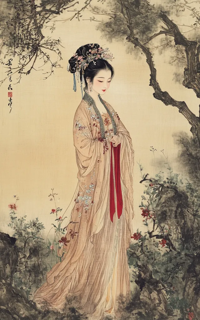A delicately rendered painting depicts a graceful woman in flowing, ornate robes, standing amidst a tranquil garden. Her elegant attire is adorned with intricate details, and she wears a floral headdress. The artist's use of soft colors and brushstrokes creates a serene atmosphere, enhanced by the surrounding trees and blooming flowers. The overall impression is one of refined beauty and quiet contemplation.