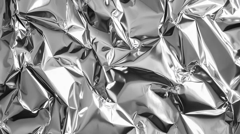 A close-up shot reveals a crumpled sheet of silver foil.  The texture is highly reflective, showcasing dramatic folds and creases that create a dynamic interplay of light and shadow.  The metallic sheen is uneven, with highlights and shadows accentuating the three-dimensional quality of the wrinkles. The overall impression is one of abstract texture and metallic shimmer.