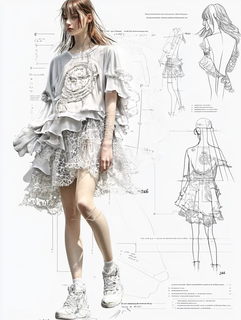 A fashion design illustration showcases a model wearing a layered, light-grey, lace dress and white high-top sneakers.  The dress features a distressed, oversized t-shirt top with embellished detailing.  Technical design sketches and measurements overlay the image, highlighting the garment's construction and design process. The overall aesthetic is delicate and ethereal.