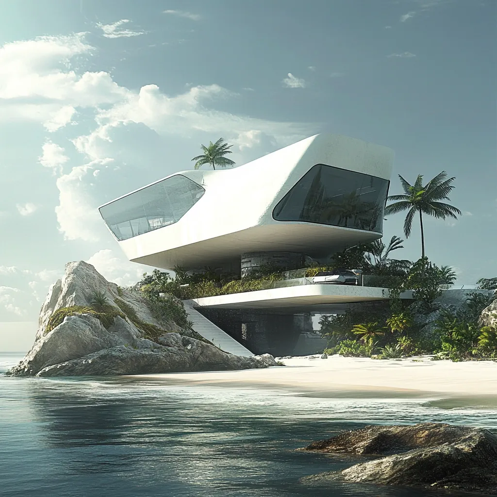 A futuristic, white, cantilevered house perches dramatically on a rocky outcrop overlooking a tranquil ocean.  Palm trees and lush greenery surround the structure, which features expansive glass windows offering panoramic views.  A sleek, dark-colored car is partially visible under the house, adding to its modern, luxurious appeal. The scene is serene and evokes a sense of secluded opulence.