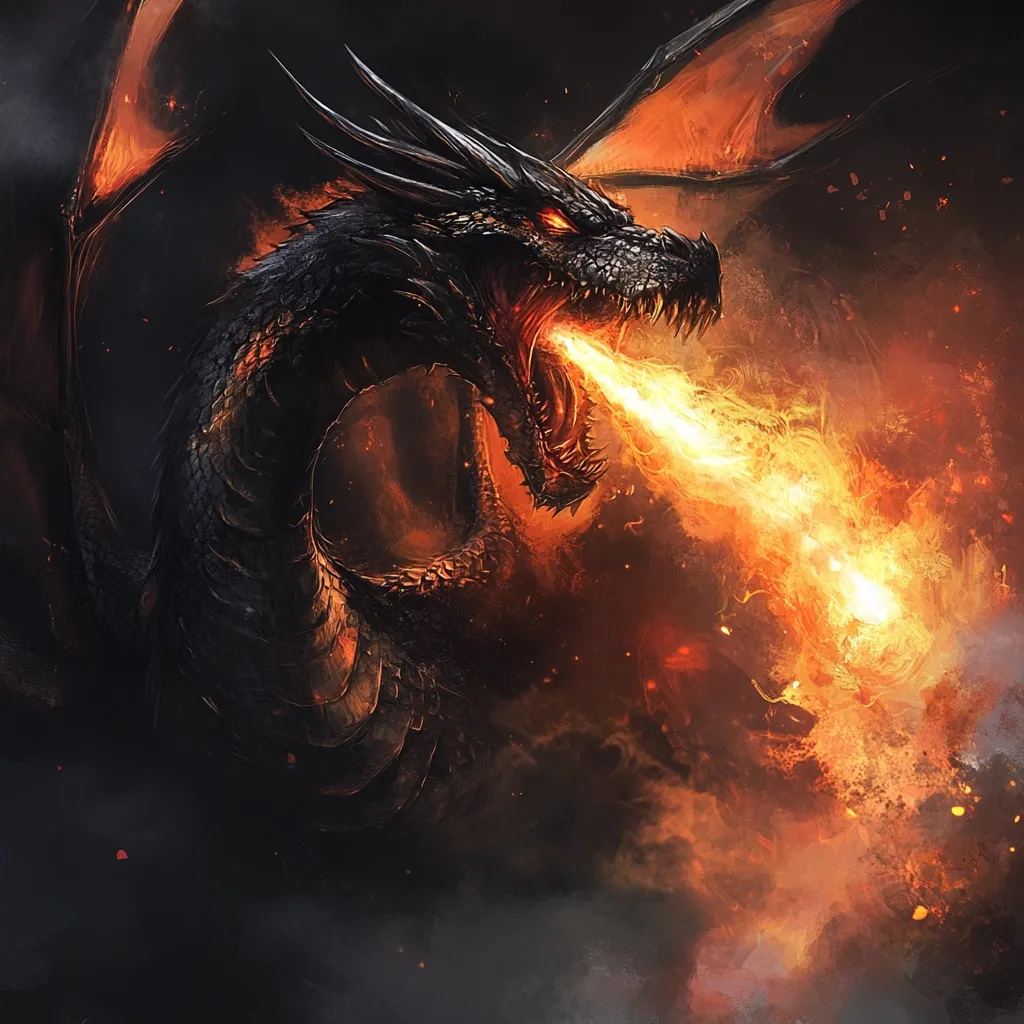 A fierce, dark-scaled dragon with fiery orange wings unleashes a powerful stream of incandescent fire from its gaping maw.  The dragon's eyes glow menacingly, and the surrounding environment is engulfed in smoke and embers, creating a dramatic and intense scene of raw power.  The artwork is rich in detail, showcasing the dragon's textured scales and the dynamic energy of its fiery breath.