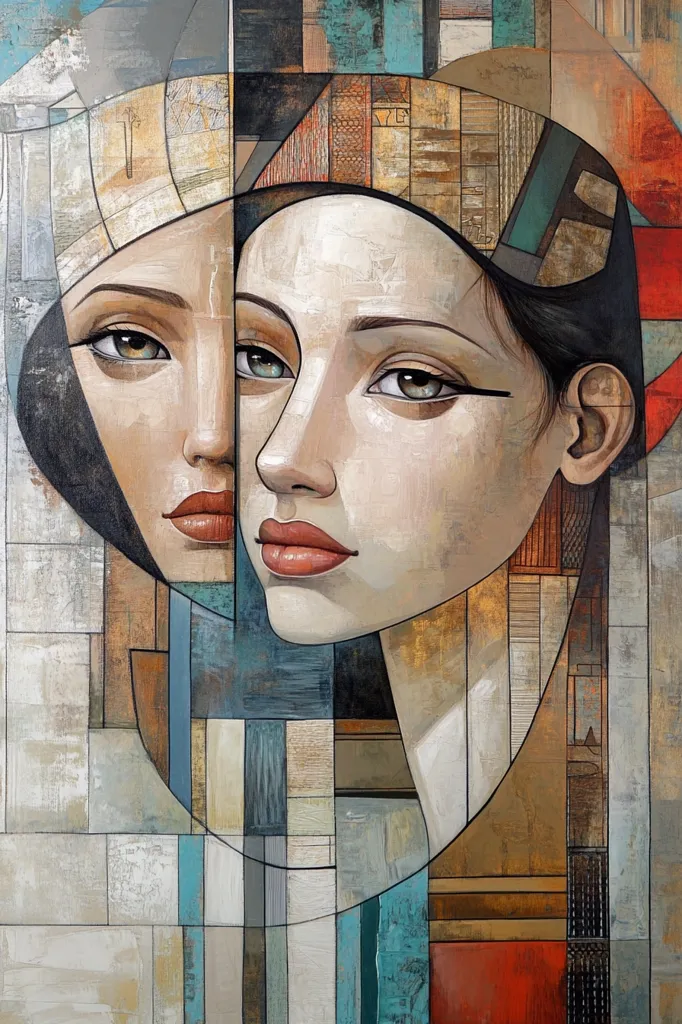 A cubist-style painting depicts two women's faces, partially merged.  Their expressions are serene yet subtly different.  The artwork uses muted earth tones and cool blues, creating a balanced composition of geometric shapes and soft curves.  The women's features are elegantly rendered, emphasizing eyes and lips. The background is a complex array of textured rectangles and lines, adding depth and visual interest.