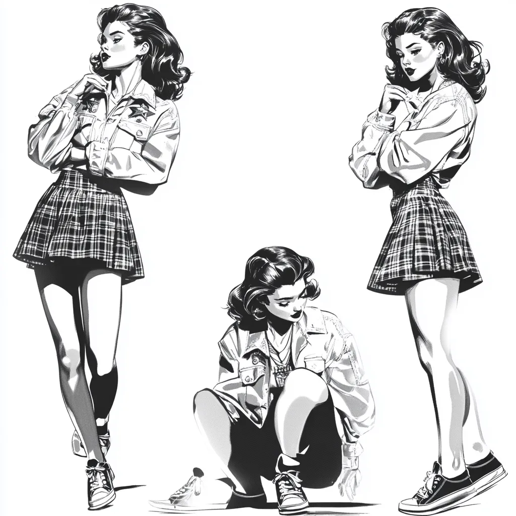A monochromatic illustration showcases three stylish women. Two stand confidently, each sporting a plaid mini-skirt and light jacket, their poses subtly different. The third woman is depicted in a crouched position, adding a dynamic contrast to the overall composition.  The detailed linework and shading create a striking visual effect.  All three figures wear sneakers, completing the contemporary, fashionable look.
