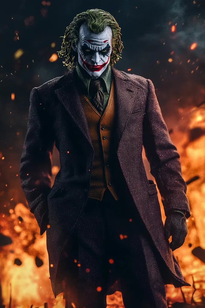 A meticulously detailed figure of the Joker stands amidst a fiery backdrop.  He is clad in a dark pinstripe suit, waistcoat, and tie, his signature green hair and chilling grin vividly portrayed.  The image's dramatic lighting and intense atmosphere emphasize the character's chaotic and menacing persona.  Sparks and flames surround him, enhancing the overall sense of destruction and mayhem.