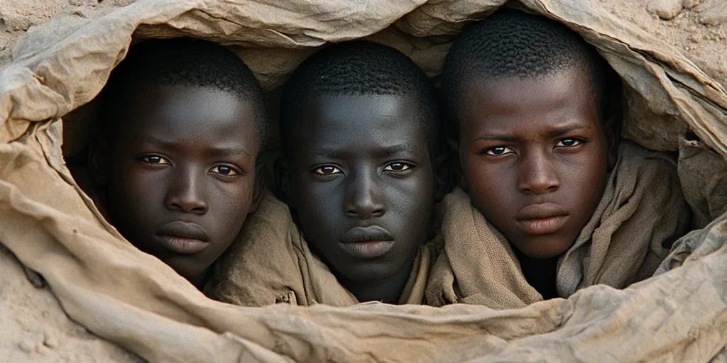 Three young African boys huddle together, their faces peering from beneath a large, tattered piece of fabric.  Their dark skin and serious expressions convey a sense of vulnerability and hardship.  The image suggests poverty and the challenges faced by children in developing countries. The rough texture of the fabric contrasts with the boys' soft features.