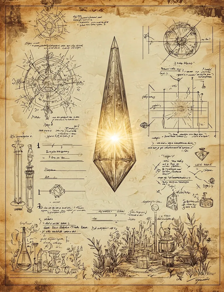 An aged parchment displays intricate diagrams and alchemical notations surrounding a radiant, crystalline obelisk.  The drawings depict geometric patterns, scientific instruments, and botanical illustrations, suggestive of a magical or scientific experiment.  Handwritten text in an archaic style fills the margins, hinting at a complex process or formula.  The overall aesthetic evokes a sense of mystery and ancient knowledge.
