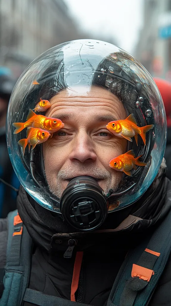 A man wears a clear, spherical helmet containing several goldfish.  The helmet is fitted over his head and obscures his face partially, with a respirator covering his mouth and nose.  The goldfish swim freely inside the helmet. He's bundled in dark outerwear and carries a backpack.  The image presents a surreal and slightly unsettling juxtaposition of everyday attire with an unusual fishbowl helmet.