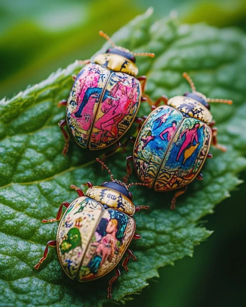 Three meticulously painted beetles rest on a vibrant green leaf. Each beetle's shell is adorned with a unique, detailed miniature artwork, featuring varied colors and intricate patterns reminiscent of book illustrations or tapestries.  The beetles' gold and black bodies contrast beautifully with the colorful artwork, creating a striking visual effect.  The setting suggests a garden environment, highlighting the insects' vibrant presence in nature.