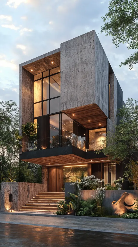 A modern, three-story concrete house is nestled among lush greenery.  The building features large, rectangular windows, a wooden balcony, and an illuminated staircase leading to the entrance.  The exterior is a blend of textured concrete and warm wood accents, creating a striking contrast.  Landscaping complements the house's contemporary design, with strategically placed plants and a sculptural element.  The overall impression is one of sophisticated minimalist architecture integrated seamlessly with nature.