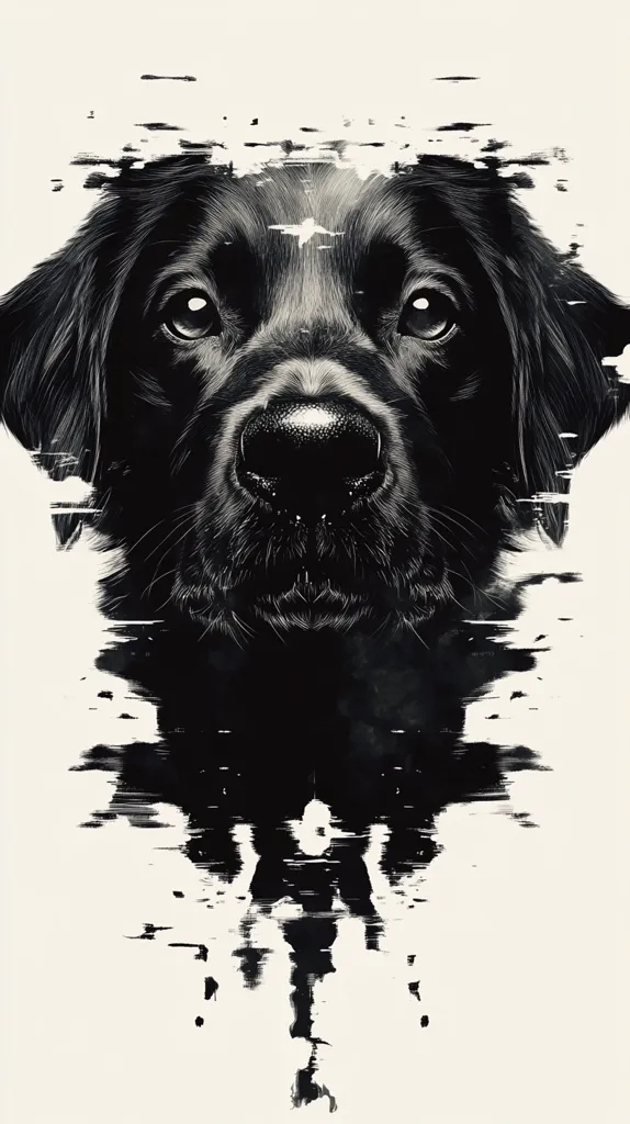 A black and white illustration of a black Labrador Retriever's head and shoulders. The dog's image is stylized, with the lower half dissolving into an abstract, ink-like blot. The dog stares directly at the viewer with dark, expressive eyes.  The overall effect is dramatic and artistic, a blend of realism and abstraction.