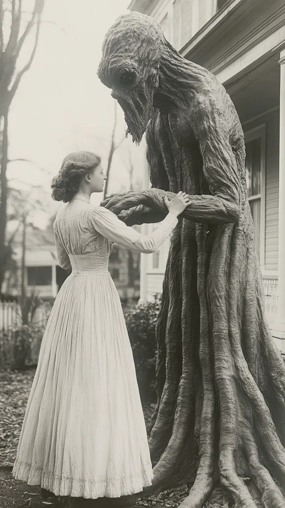 A black and white photograph depicts a young woman in a long, light-colored dress standing next to a large, tree-like creature. The creature's bark-like skin and humanoid form suggest a mythical or fantastical being. The woman's gentle interaction with the creature, perhaps a touch of her hand to its arm, conveys a sense of curiosity or acceptance. The setting appears to be outside a house, with visible trees and architecture in the background. The image has a vintage, possibly early 20th-century aesthetic.
