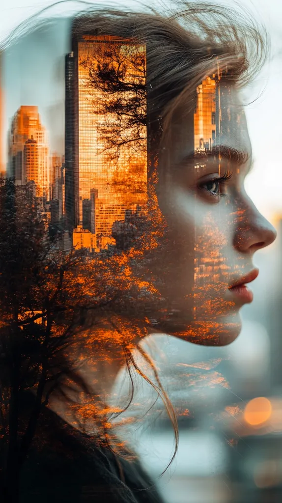 A double exposure image features a woman's profile superimposed with a cityscape at sunset.  Her windblown hair blends with the fiery orange hues of the urban landscape and trees. The city's tall buildings and warm light create a striking contrast against the woman's serene expression, suggesting a connection between the individual and the urban environment. The overall effect is both surreal and beautiful.