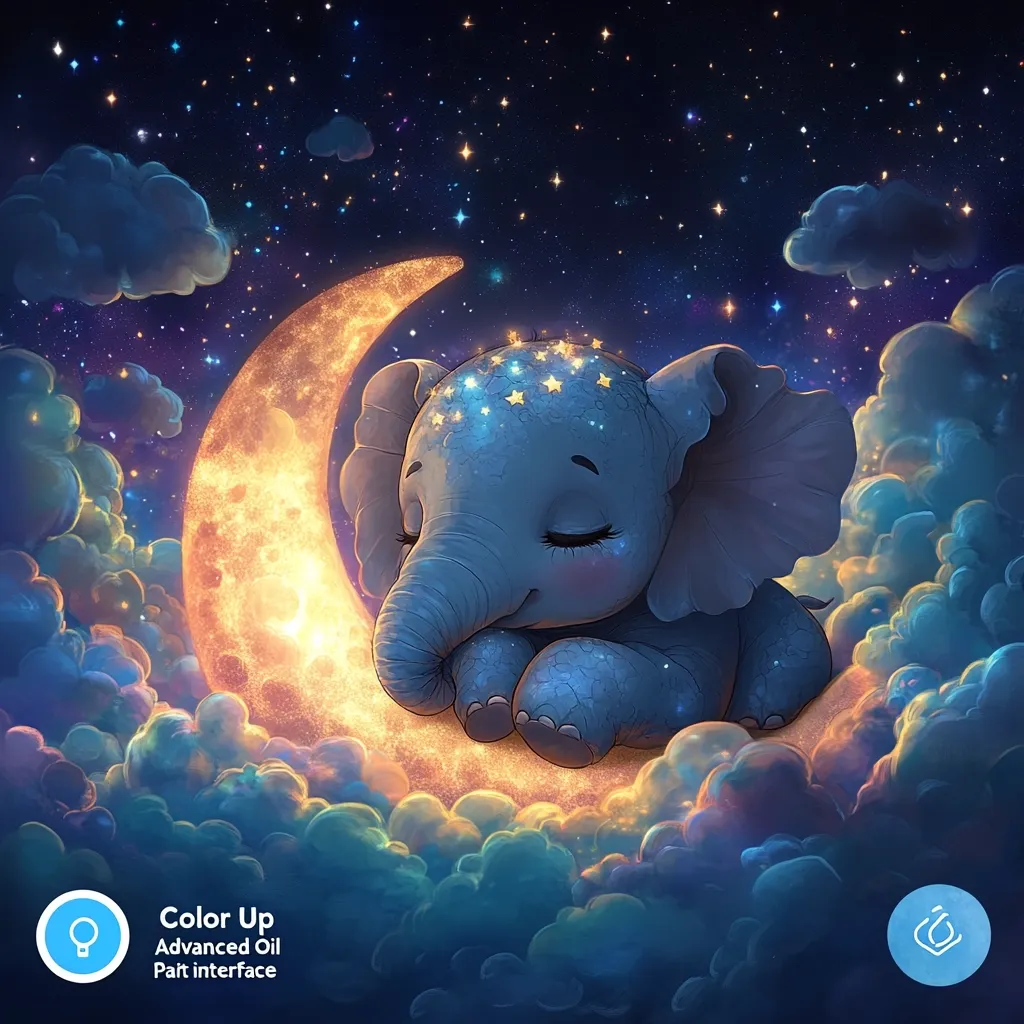 A whimsical illustration depicts a baby elephant serenely sleeping on a crescent moon nestled amongst fluffy clouds.  Stars twinkle in the night sky above.  The elephant is rendered in soft, muted blues, and the moon glows with a warm, golden light. The overall scene is dreamy and peaceful, evoking a sense of tranquility and wonder.