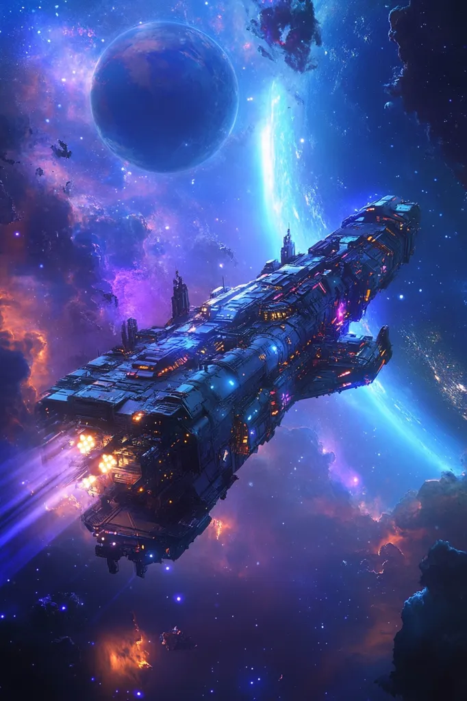 A colossal spaceship, intricately detailed and glowing with vibrant lights, streaks through a breathtaking cosmic landscape.  Surrounded by nebulae of purple and orange, the vessel leaves a trail of light as it travels past a large, blue planet.  Stars twinkle against a backdrop of deep space, creating a stunning and otherworldly scene.